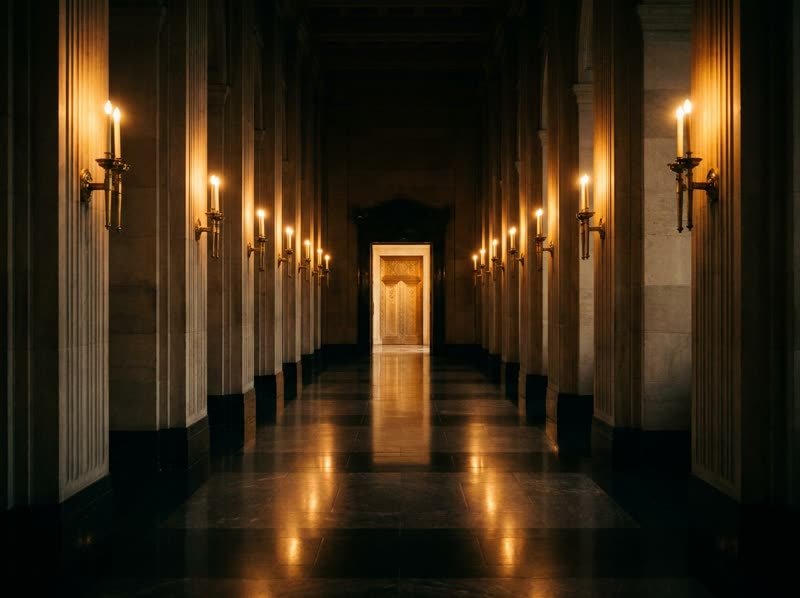 Pasillo del templo con columnas de piedra y velas que lleva a una puerta iluminada