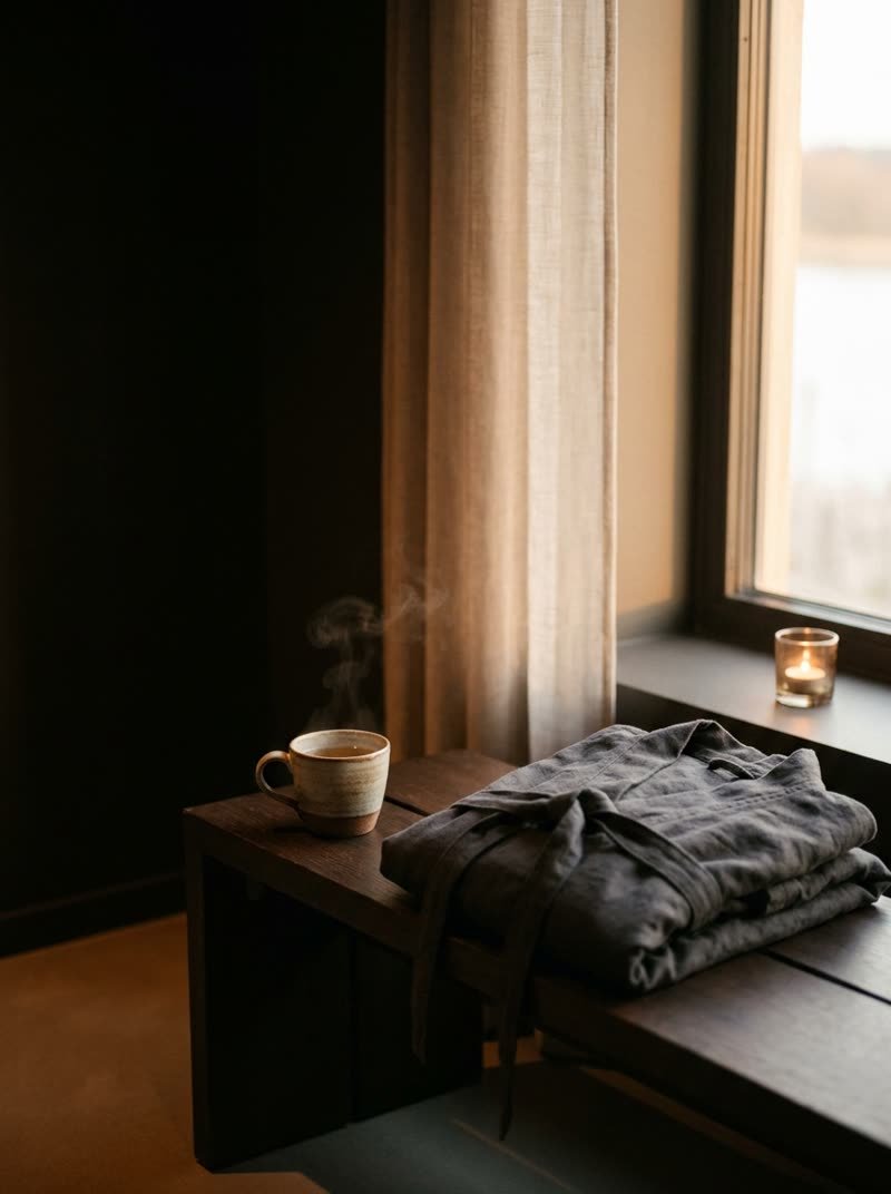 Taza de infusión y bata doblada junto a una ventana al atardecer
