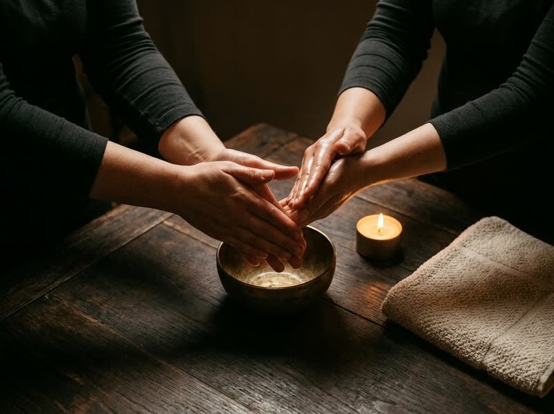 Dos pares de manos de terapeutas calentando aceite sobre un cuenco de bronce junto a una vela