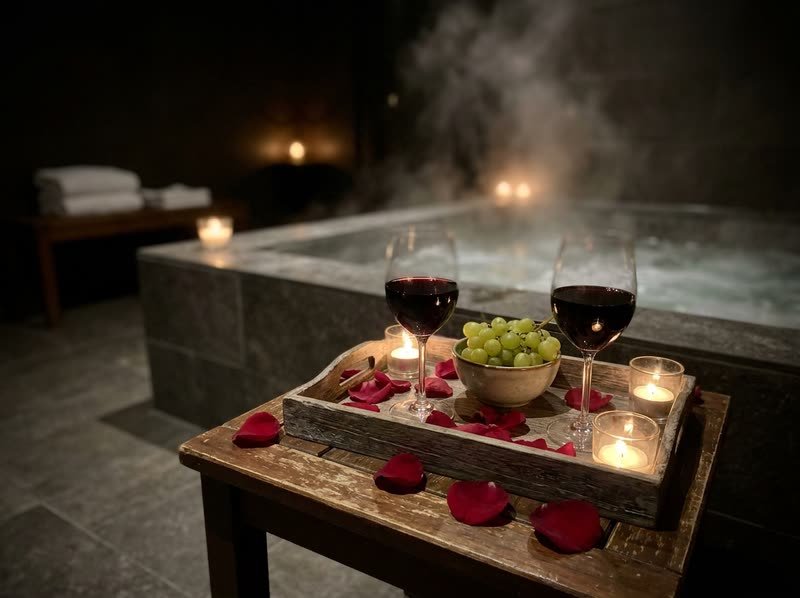 Dos copas de vino tinto y uvas verdes sobre una bandeja con pétalos y velas junto a un jacuzzi