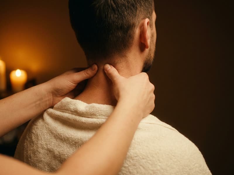 Manos de terapeuta trabajando la tensión del cuello y los hombros